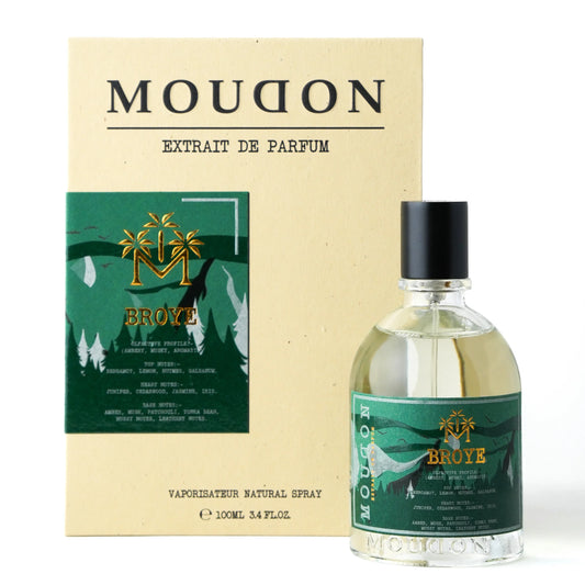 Broye Moudon perfume bottle and packaging on a white background