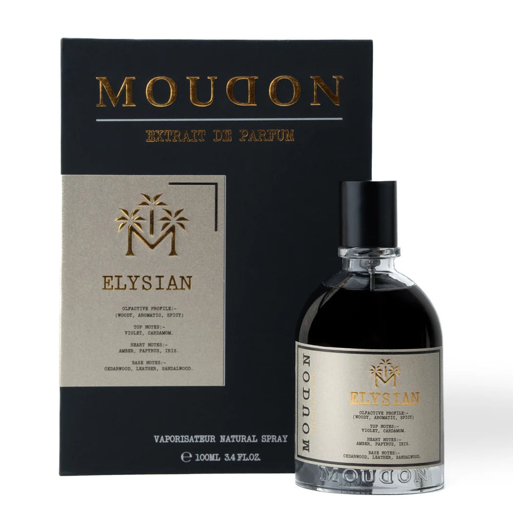 Mougon Elysian perfume bottle and packaging on a white background