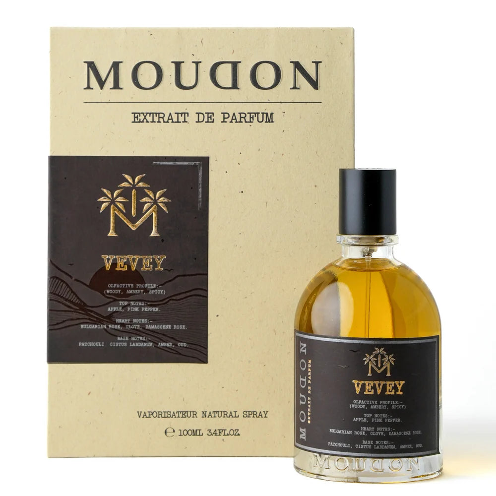 Moudon Vevey perfume bottle and packaging on a white background